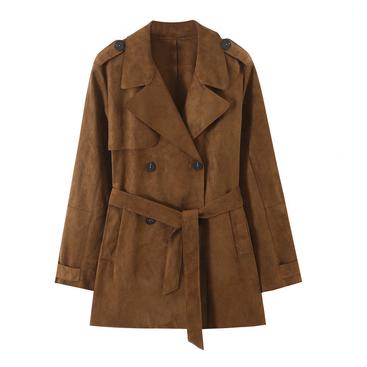 Women's Tailored Short Trench in Suede Look with Double-Breasted Button Placket and Epaulettes Amarae