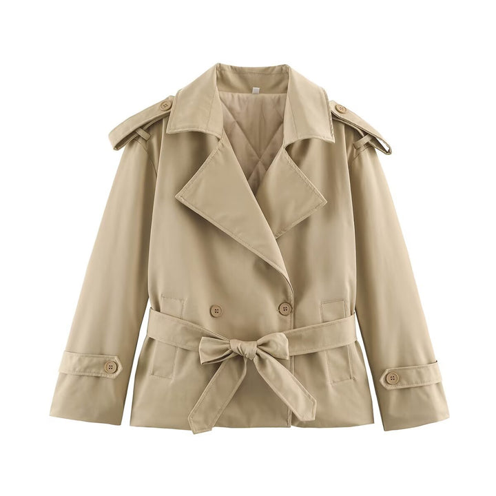 Women's Tailored Short Trench Coat with Tie Belt and Shoulder Patches Amarae