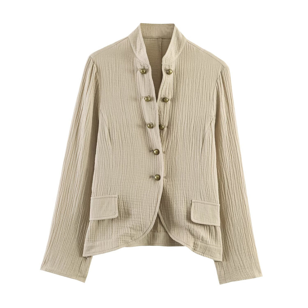Women's lightweight structured cotton jacket with stand-up collar and decorative buttons Amarae