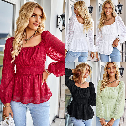 Blouse for women with elastic insert at the waist and puffed sleeves Amarae