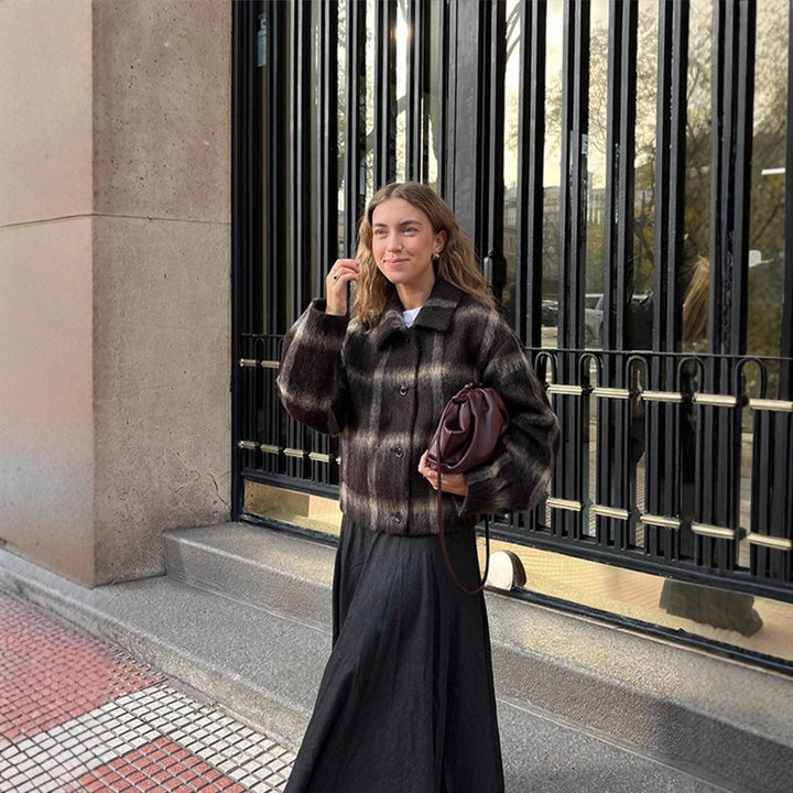 Women's short jacket in checked faux fur boxy cut with shawl collar Amarae
