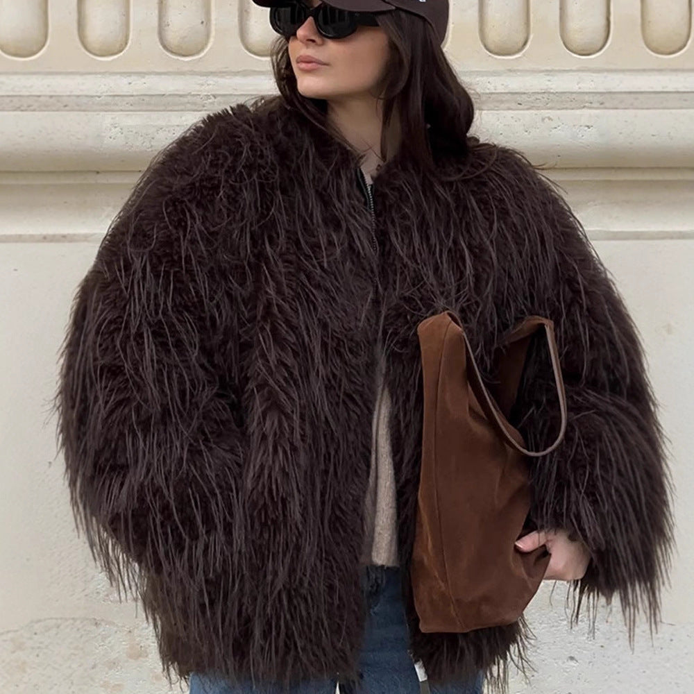 Women's Oversized Faux Fur Coat with Long Pile Shag Look and Boxy Silhouette Amarae