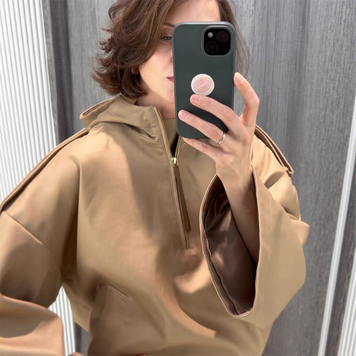 Women’s Oversized Hoodie with Half Zipper, Balloon Sleeves & Drawstring Amarae
