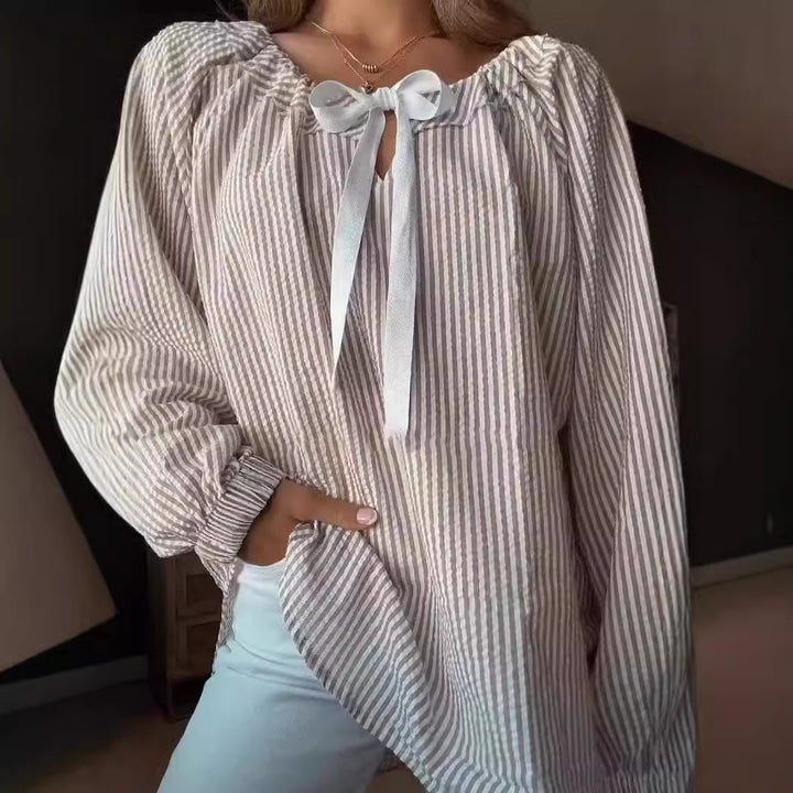 Ladies' blouse with elastic neckline and bow tie Lune London