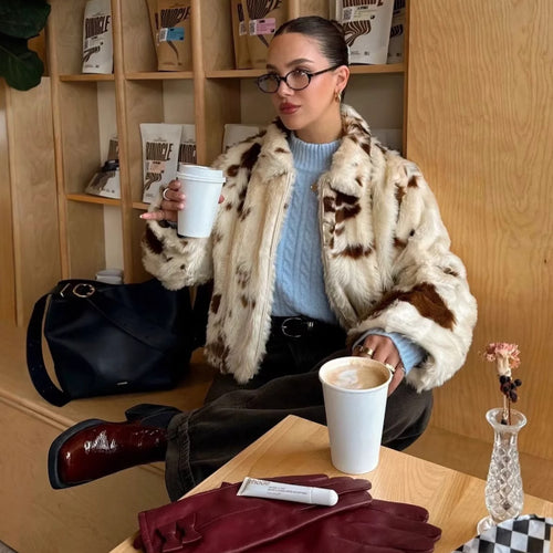 Faux fur animal print jacket for women with elegant collar Amarae