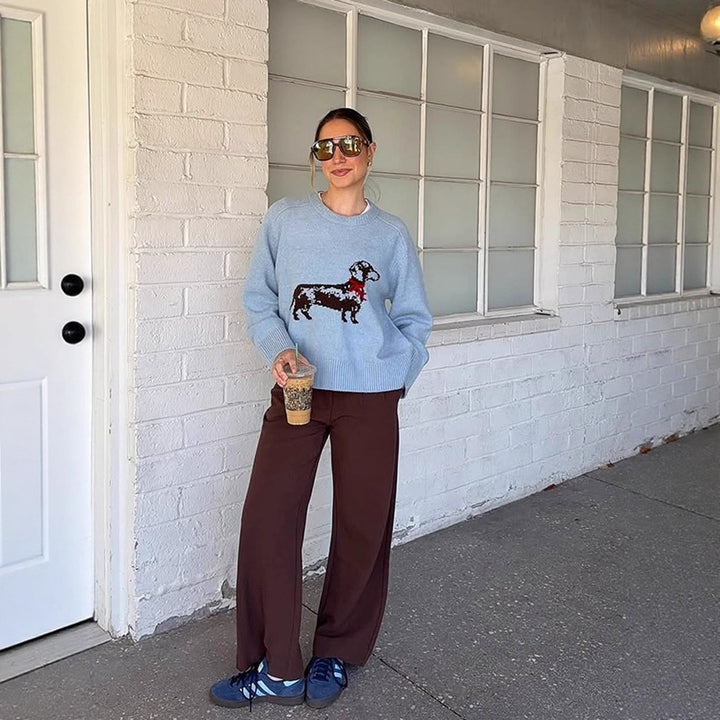 Women's knit sweater with dachshund intarsia and relaxed oversized fit Amarae