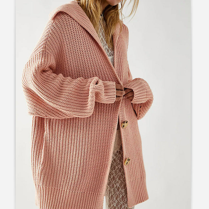 Chunky knit jacket for women with wide sleeves and a hood Lune London