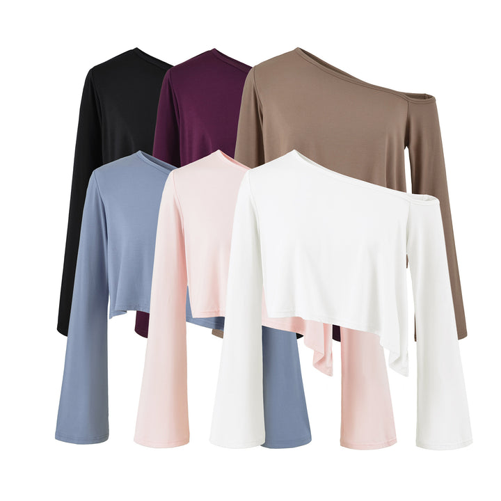 Ladies One-Shoulder Crop Top with Asymmetric Hem and Flared Sleeves Amarae
