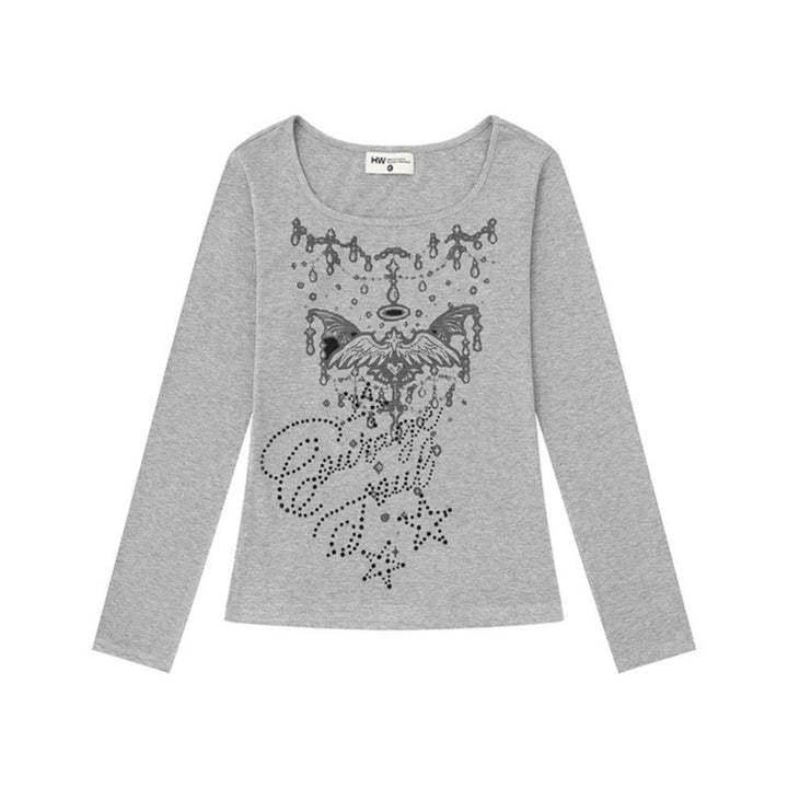 Women's long-sleeve shirt with round neckline, rhinestone print and angel motif Amarae