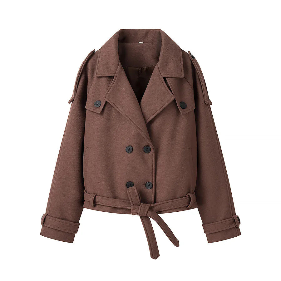 Elegant woman's short coat with double-breasted buttons and waist belt Lune London