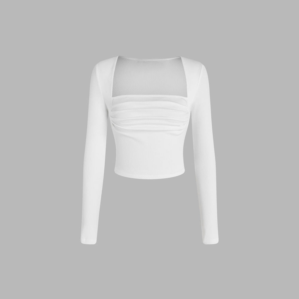 Chemise pour femmes à manches longues courte avec un design drapé sophistiqué et un col rond de mode Chic & Stil