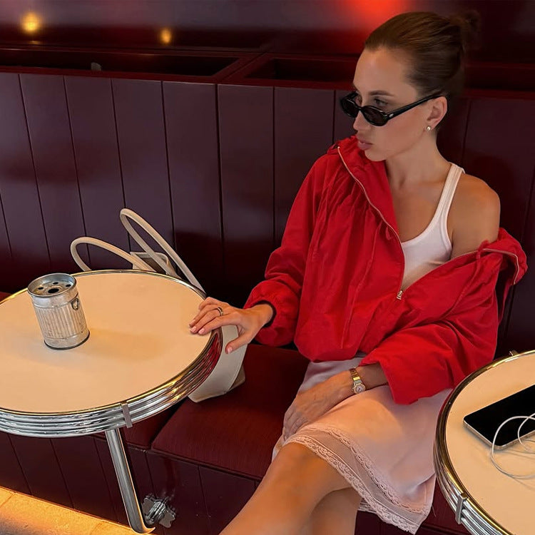 Women's Lightweight Nylon Haori Hoodie Jacket with Ruffled Collar, Drawstring and Balloon Sleeves Amarae
