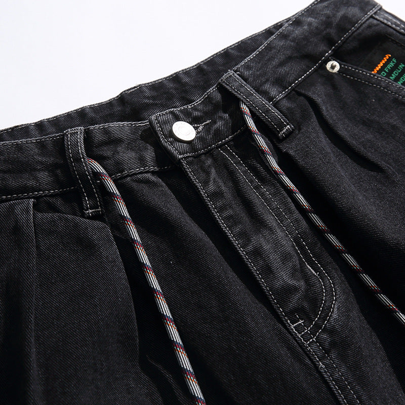 Unisex Wide Baggy Jeans with Drawstring Waist, Pleated Front and Utility Pockets Amarae