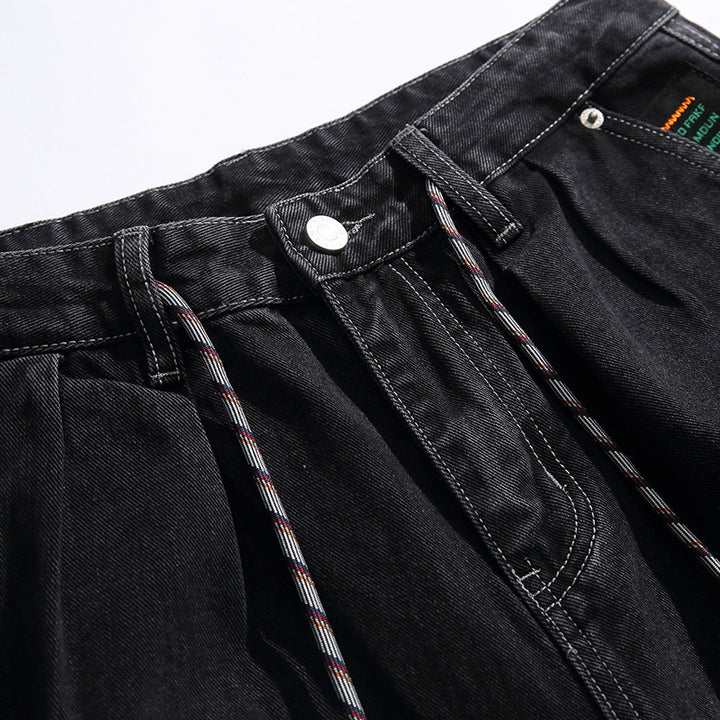 Unisex Wide Baggy Jeans with Drawstring Waist, Pleated Front and Utility Pockets Amarae