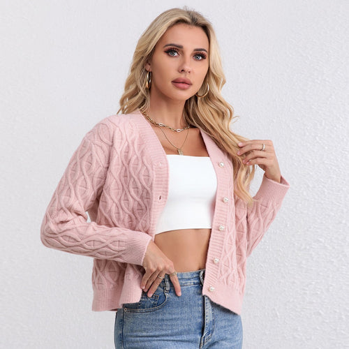 Women's knit jacket with modern cable pattern and pastel button details Amarae