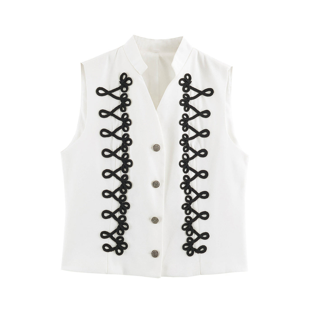Women's sleeveless vest in uniform style with decorative frog closures and stand-up collar Amarae