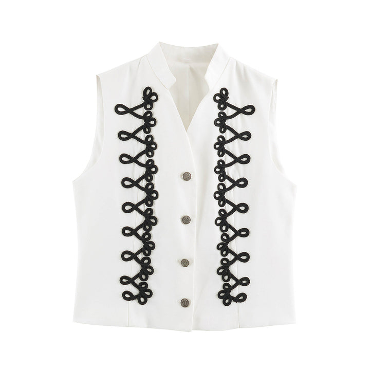 Women's sleeveless vest in uniform style with decorative frog closures and stand-up collar Amarae