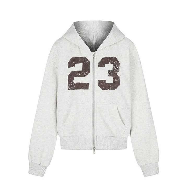 Women's Hooded Sweat Jacket in Retro Sports Style with Used Front Print and Kangaroo Pockets Amarae
