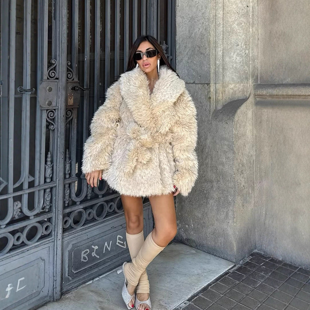 Women Short Cozy Faux Fur Coat with Waist Belt and Voluminous Shawl Collar Amarae