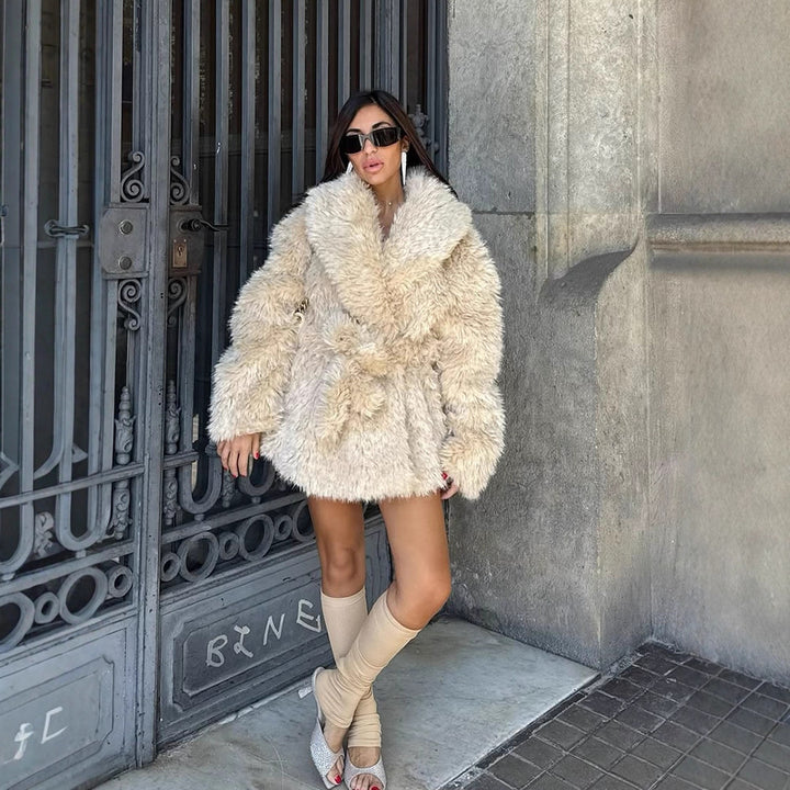Women Short Cozy Faux Fur Coat with Waist Belt and Voluminous Shawl Collar Amarae