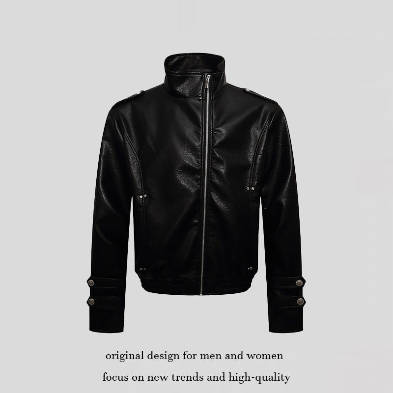 Men's short cut faux leather jacket with stand-up collar, zip front and decorative cuffs Amarae