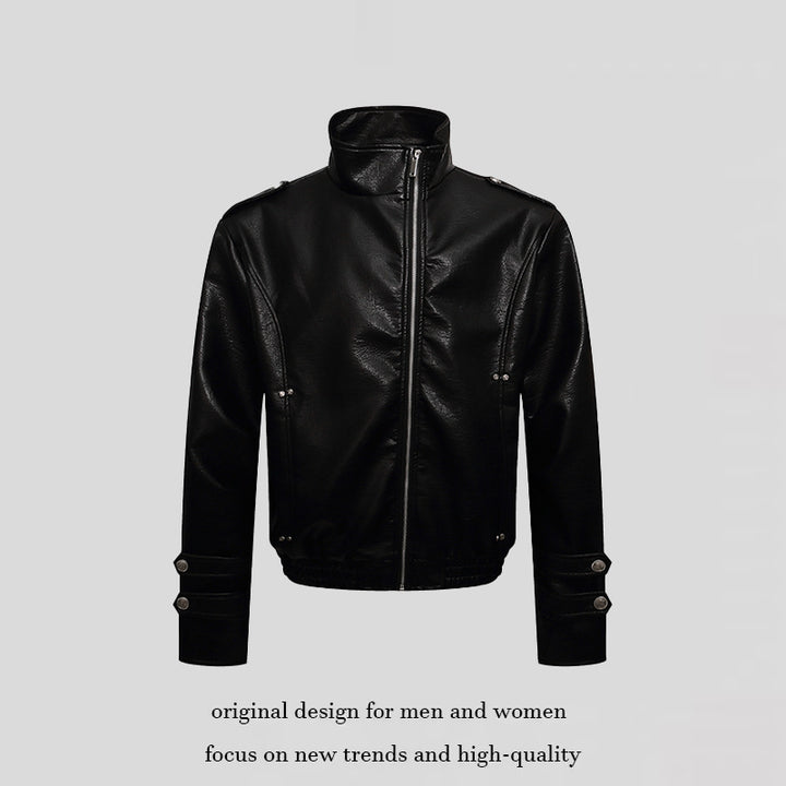 Men's short cut faux leather jacket with stand-up collar, zip front and decorative cuffs Amarae