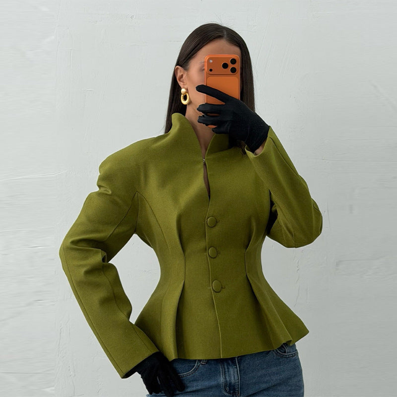 Women's Tailored Short Jacket with Stand Collar, Slit Neckline and Princess Seams Amarae