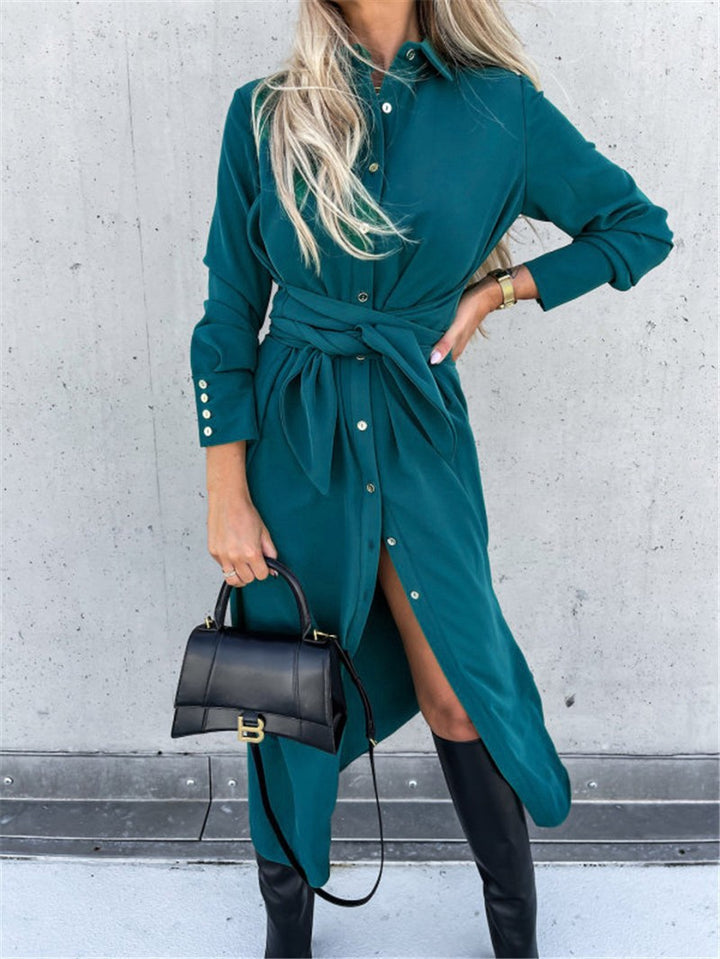 Ladies Elegant Midi Dress with Belt and Chic Button Placket and Style