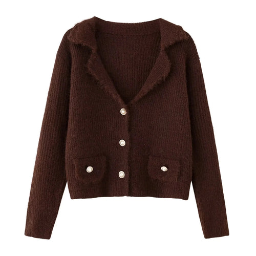 Fashionable comfortable knit jacket for women with an elegant collar and practical pockets Amarae