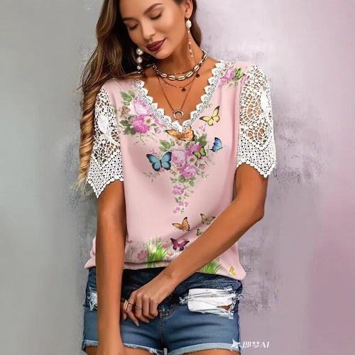 Women's blouse with floral lace and playful butterfly print Amarae
