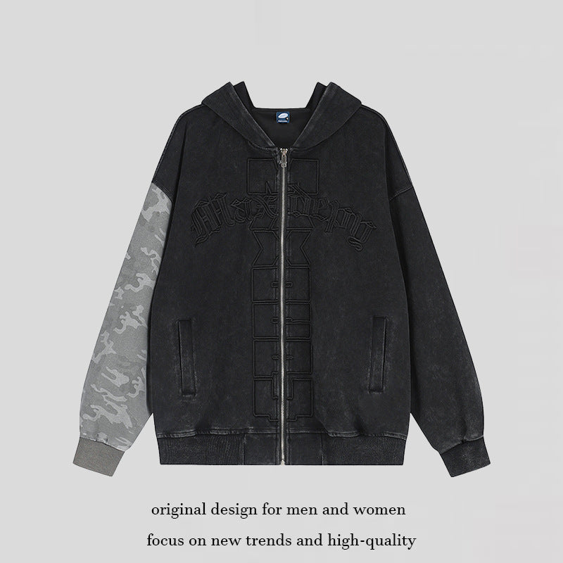 Unisex Oversize Hooded Zip Jacket with Camouflage Sleeves, Washed Effect and Raised Front Embroidery Amarae