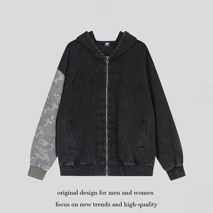 Unisex Oversize Hooded Zip Jacket with Camouflage Sleeves, Washed Effect and Raised Front Embroidery Amarae