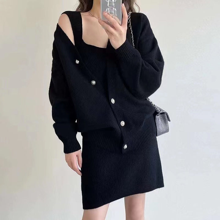 Robe longue en tricot pour femme avec décolleté en V profond et patte de boutonnage décontractée Chic & Stil