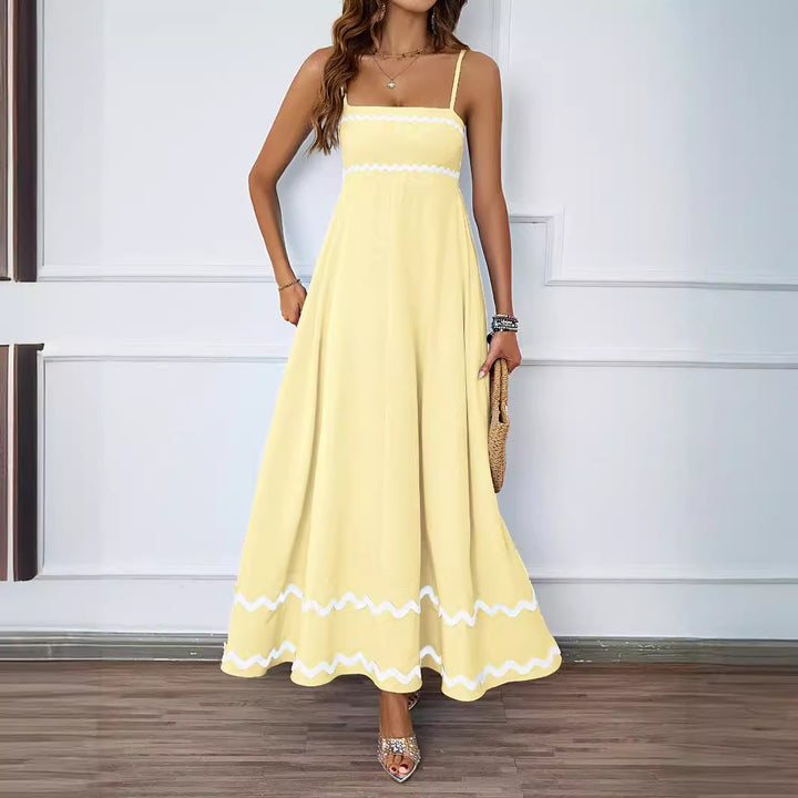 Women Long Maxi Dress with Spaghetti Straps and Decorative Hem Lune London