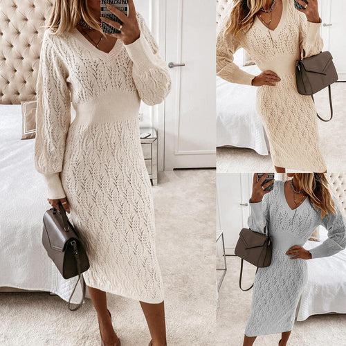 Knitted dress for women with semi-transparent pattern and elegant V-neck Amarae