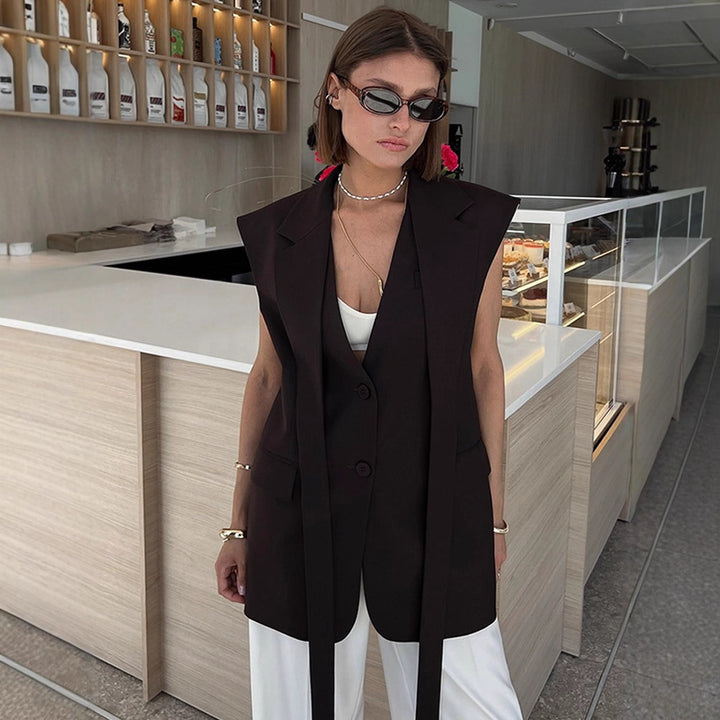 Women Sleeveless Long Blazer Vest with Structured Shoulders and Long Ties Amarae