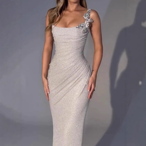 Women's Elegant Evening Dress with Shimmering Wrap Design and Floral Appliqués Amarae
