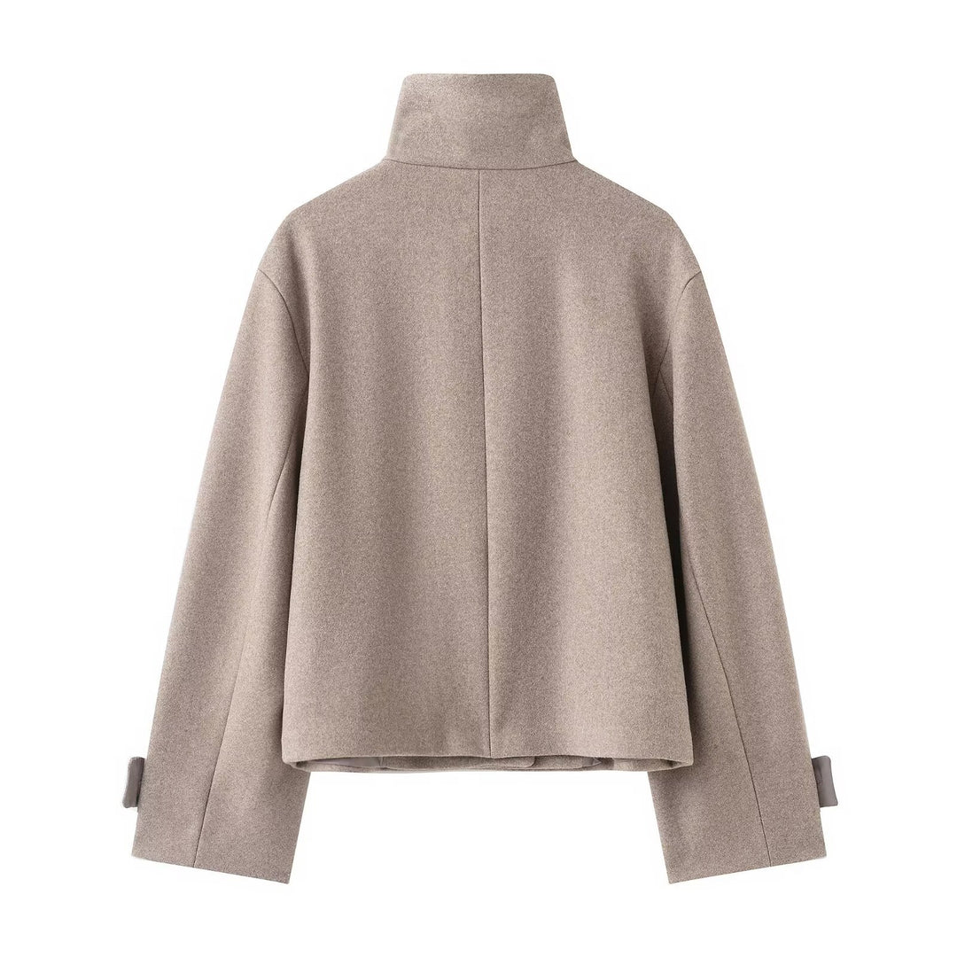 Women's Cropped Wool Blend Short Jacket with High Stand Collar, Asymmetric Button Placket and Cuffed Sleeves Amarae