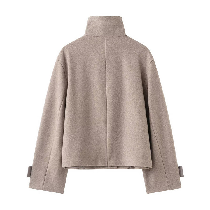 Women's Cropped Wool Blend Short Jacket with High Stand Collar, Asymmetric Button Placket and Cuffed Sleeves Amarae