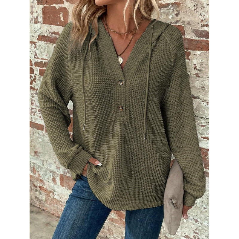 Women Waffle Knit Hoodie with Henley Button Placket and Oversized Cut Amarae