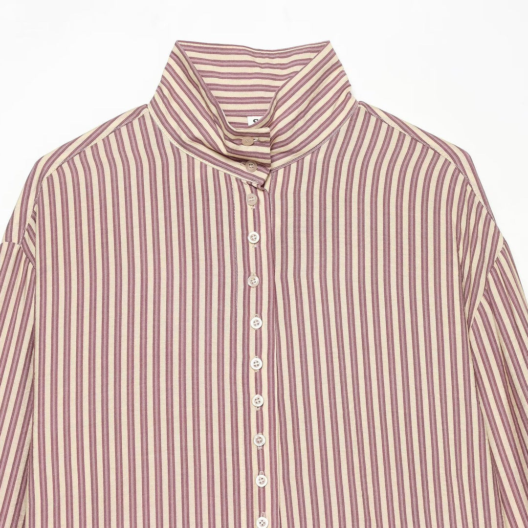 Women's oversized shirt blouse with stand-up collar, full button placket and wide cuffs Amarae