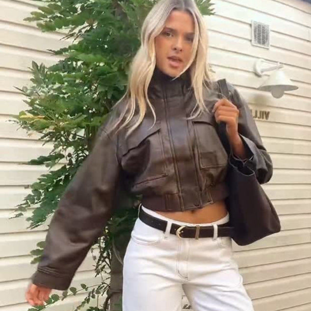 Women's Short Utility Bomber Jacket made of Vegan Leather with High Stand-Up Collar Amarae