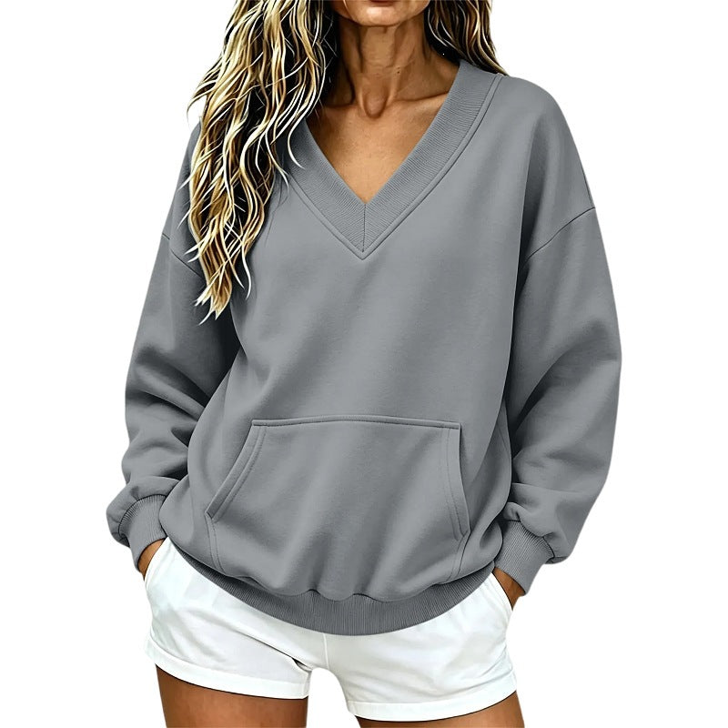 Women Oversize V-Neck Sweatshirt with Kangaroo Pocket and Ribbed Hem Amarae