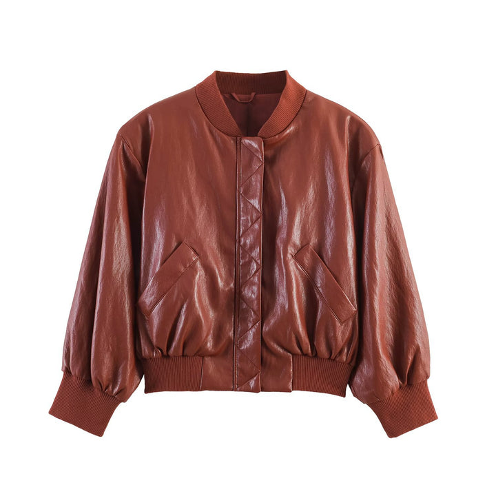 Women's Shiny Faux Leather Bomber Jacket with Ribbed Collar, Concealed Snap Button Placket and Kangaroo Pockets Amarae