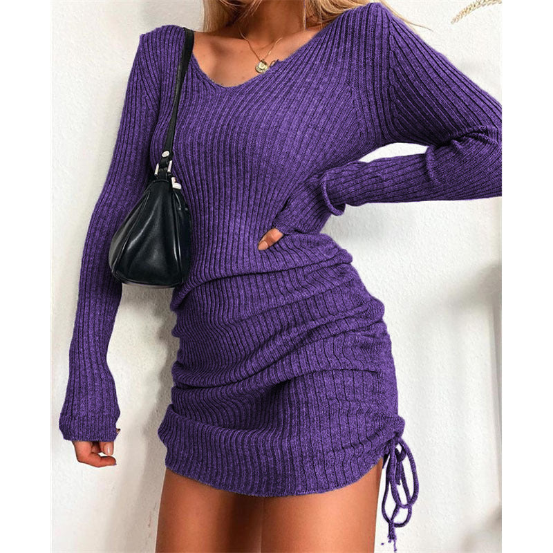 Ribbed knit dress for women with deep V-neck and adjustable ruching Lune London