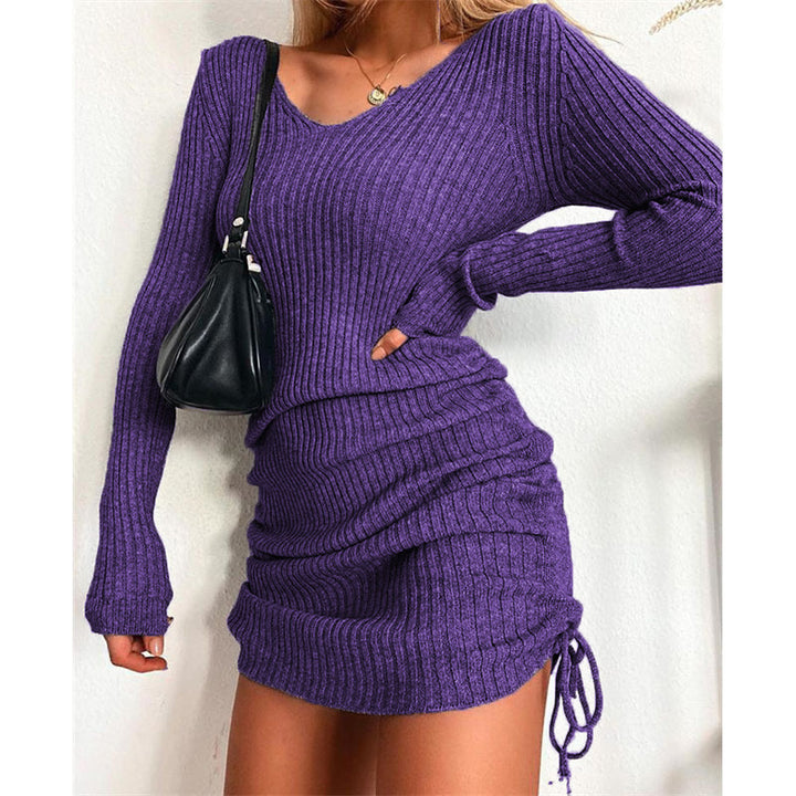 Ribbed knit dress for women with deep V-neck and adjustable ruching Lune London