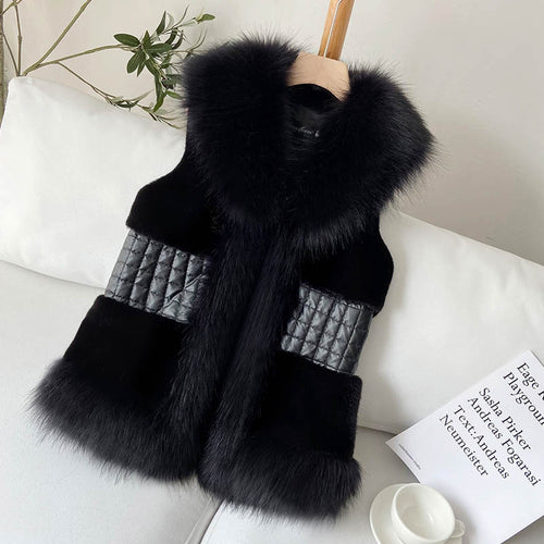 Women Elegant Faux Fur Gilet with High Collar and Shiny Belt Amarae