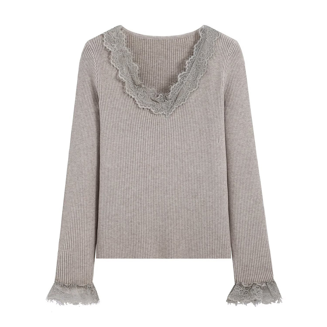 Women Two-Piece Ribbed Knit Set with Lace Trim Amarae