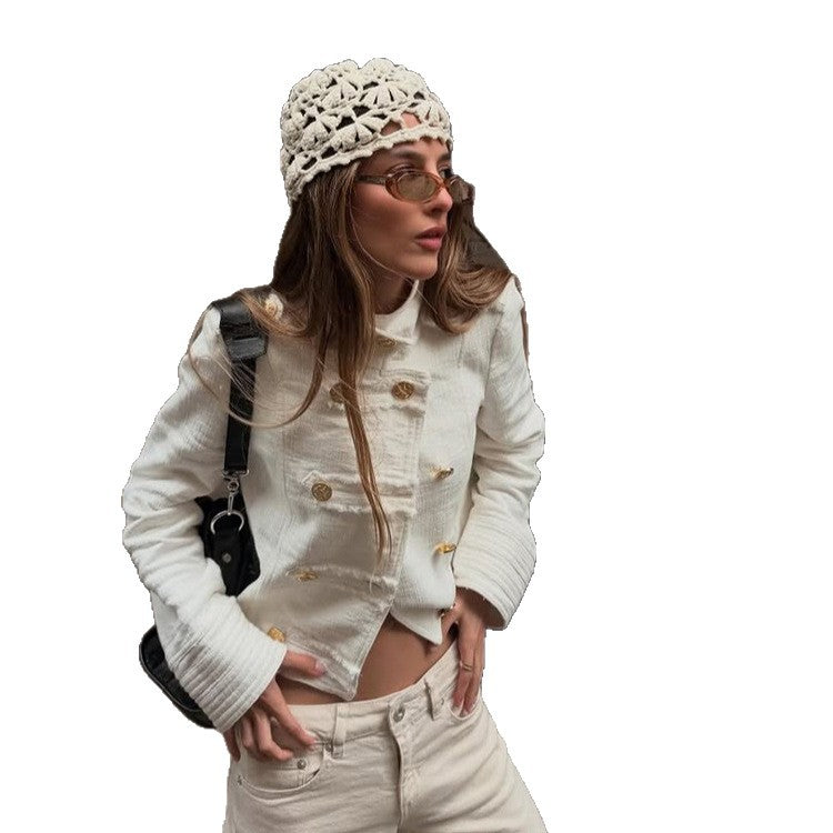 Women's Short Cut Boucle Blazer with Double-Breasted Gold Button Placket Amarae