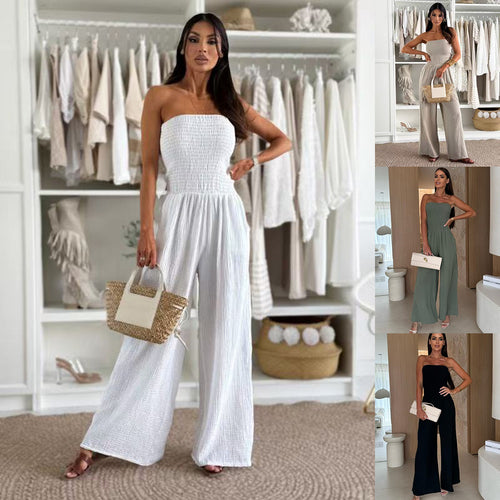 Ladies Smocked Strapless Wide Leg Jumpsuit Amarae
